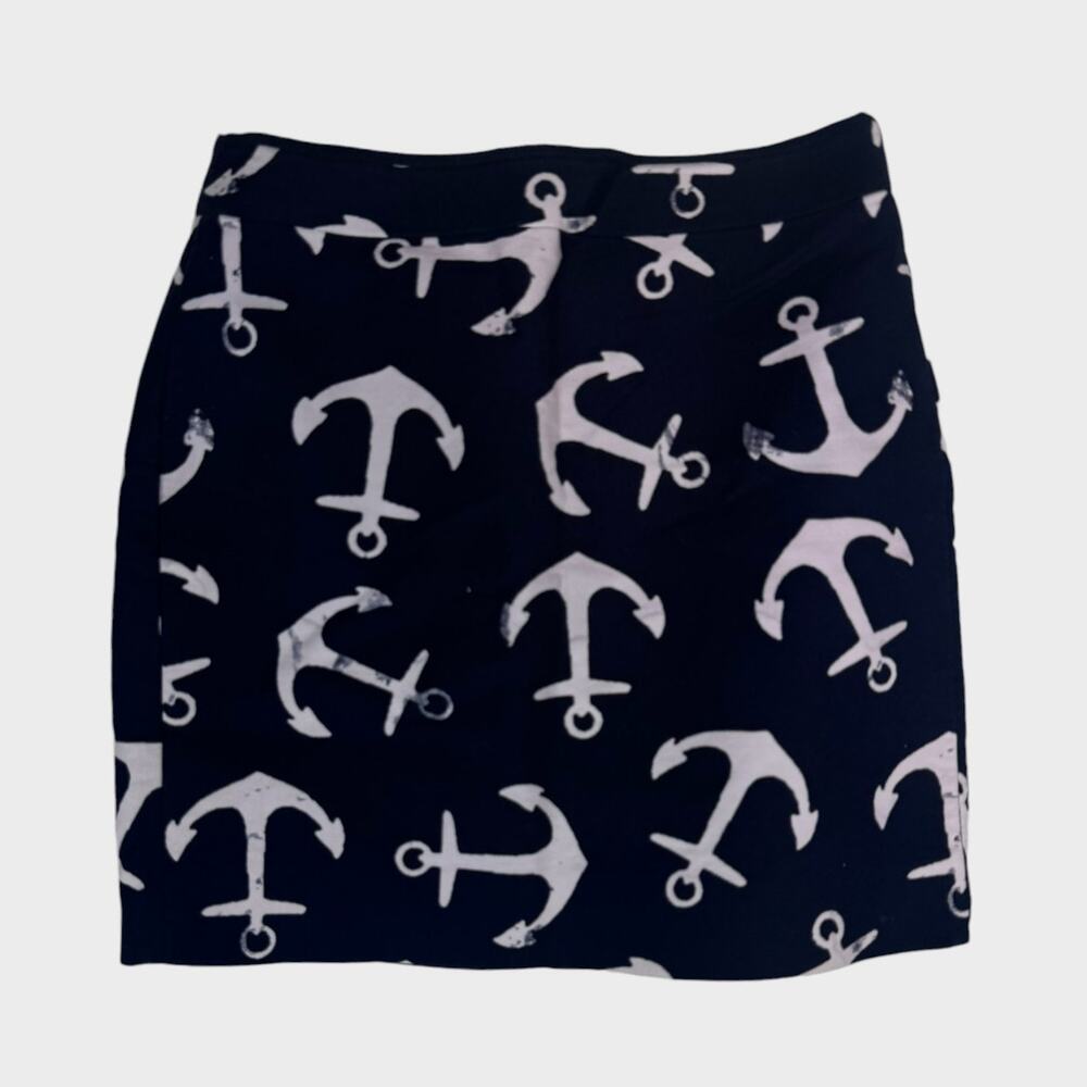 J. Crew Womens Size 00 Navy Blue Anchor Pencil Skirt Cotton Stretch Back Zipper